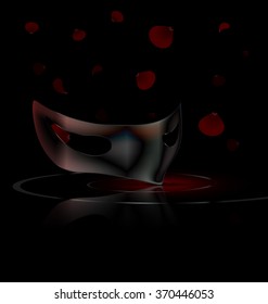 dark background and carnival black half mask with flying red petals