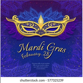 Dark background with carnival mask and with feathers and with stars. Beautiful concept design for party invitation. Mardi Gras. Vector isolated illustration.