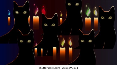 Dark background with cat's glowing eyes and candles