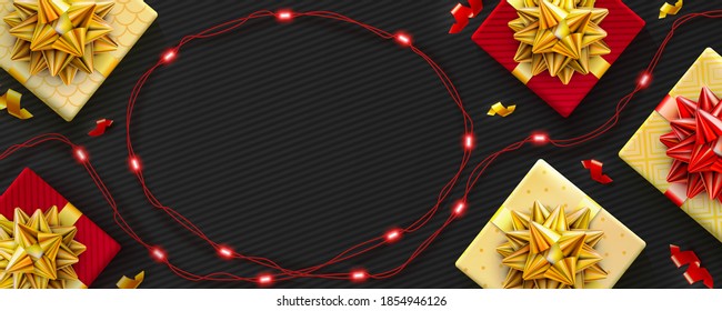 Dark background for Christmas and Happy New Year poster with realistic red and golden gifts boxes and LED string lights. Vector promotion horizontal banner, poster, header website template for Christm