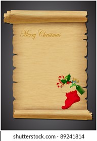 Dark background with christmas sock on old page parchment