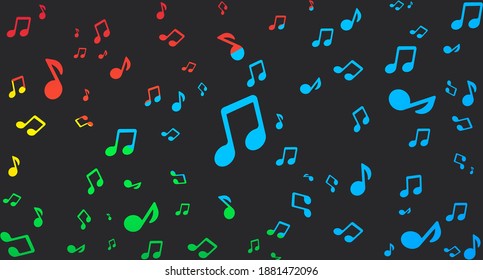 Dark background with colored musical elements on it. Modern color background, pattern with musical notes, treble keys. Vector illustration