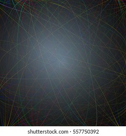 Dark background with colorful abstract lines. Bright color chaotic, random, messy curves. Colourful vector decoration.