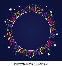 Dark background with colorful flags, colorful confetti and Stars drawing around a circle with space to place text. To use on birthday cards and general parties