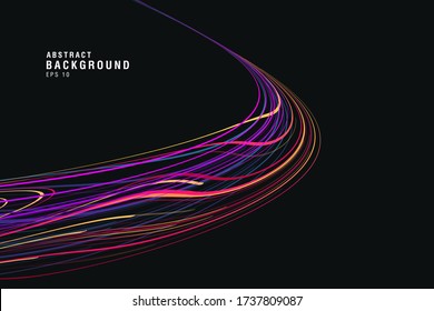 Dark Background With Colorful Track Of Neon Glowing Lines, Round Path Of Speed Lights, Abstract Composition