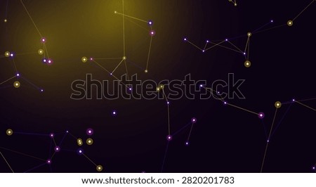 Dark background with colorful yellow and purple nodes connected by thin lines. Abstract visualization of data science network.