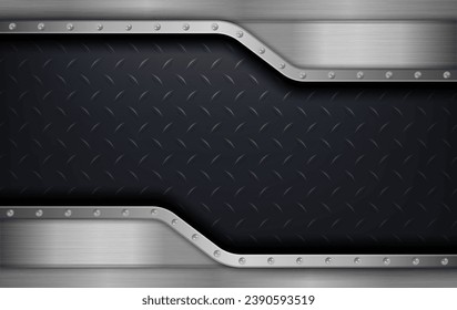 The dark background consists of reflective metallic lines. Diamond pattern metal sheet. Silver black industrial background. Vector illustration. Eps 10.