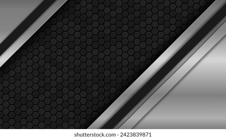 The dark background consists of reflective metallic lines. hexagonal metal texture background