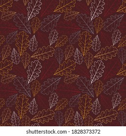 The dark background with the contours of the oak leaves. Seamless autumn pattern.
