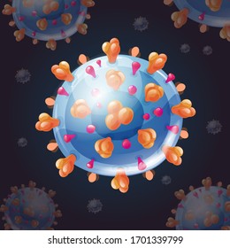 Dark background with coronaviruses. Blue and orange virus model. Square template on dark background. Vector illustration in cartoon style