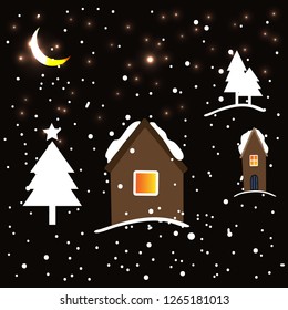 Dark background with crescent golden moon and stars, snow and trees, home. Eps10