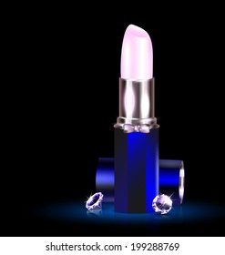 dark background, crystals and a lipstick in blue