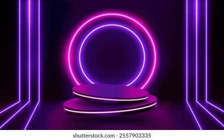 Dark background with Cylinder flying podium. Banner with neon glowing effects and empty pedestal. Stage with purple luminous for presentation of high tech products. Realistic 3D vector illustration