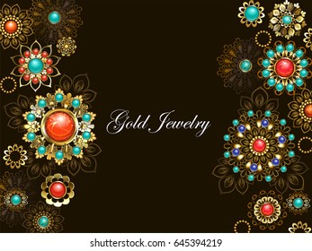 Dark background is decorated with jewelery, gold and bronze ornaments in ethnic style with turquoise and jasper.