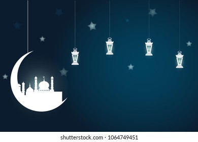 Dark background decorated with moon, mosque and light colored lanterns.