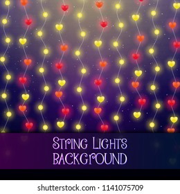 Dark background with decorative string lights. Bright shining light bulbs garlands