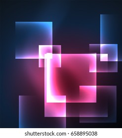 Dark background design with blue shiny glowing effects, lines and glass squares