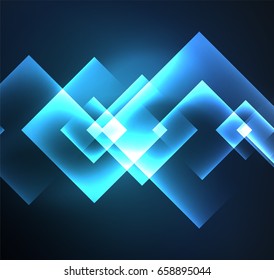 Dark background design with blue shiny glowing effects, lines and glass squares