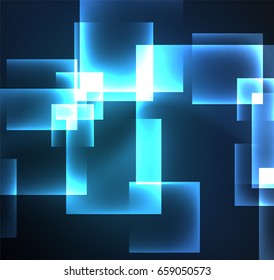 Dark background design with blue shiny glowing effects, lines and glass squares