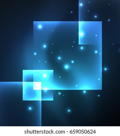 Dark background design with blue shiny glowing effects, lines and glass squares