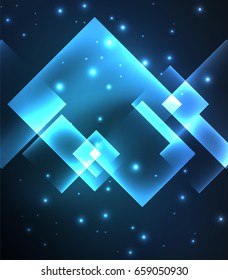Dark background design with blue shiny glowing effects, lines and glass squares