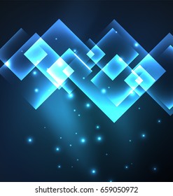 Diseño de fondo oscuro con efectos brillantes azules, líneas y cuadrados de vidrio