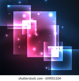 Dark background design with blue shiny glowing effects, lines and glass squares