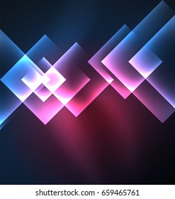 Dark background design with blue shiny glowing effects, lines and glass squares
