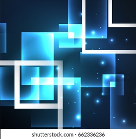 Dark background design with blue shiny glowing effects, lines and glass squares