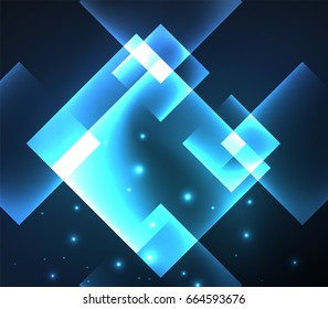 Diseño de fondo oscuro con efectos brillantes azules, líneas y cuadrados de vidrio