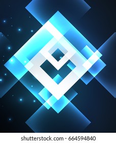 Dark background design with blue shiny glowing effects, lines and glass squares