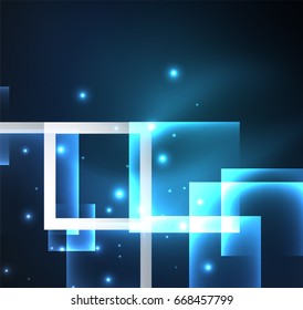 Diseño de fondo oscuro con efectos brillantes azules, líneas y cuadrados de vidrio