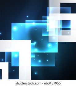 Dark background design with blue shiny glowing effects, lines and glass squares
