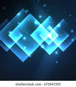 Diseño de fondo oscuro con efectos brillantes azules, líneas y cuadrados de vidrio