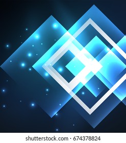 Diseño de fondo oscuro con efectos brillantes azules, líneas y cuadrados de vidrio