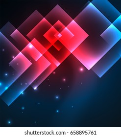 Dunkles Hintergrunddesign mit glänzenden Lichteffekten, Linien und Glasquadraten