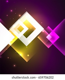 Dunkles Hintergrunddesign mit glänzenden Lichteffekten, Linien und Glasquadraten