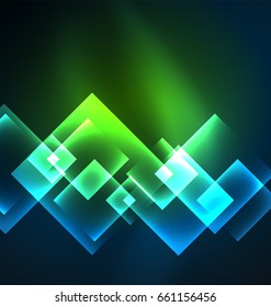 Diseño de fondo oscuro con efectos brillantes, líneas y cuadrados de vidrio