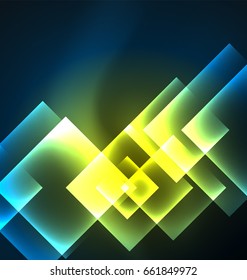 Dark background design with shiny glowing effects, lines and glass squares