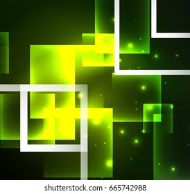 Diseño de fondo oscuro con efectos brillantes, líneas y cuadrados de vidrio