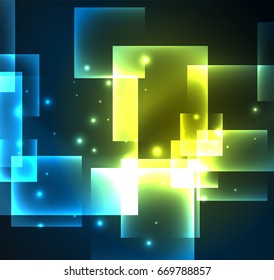 Dark background design with shiny glowing effects, lines and glass squares