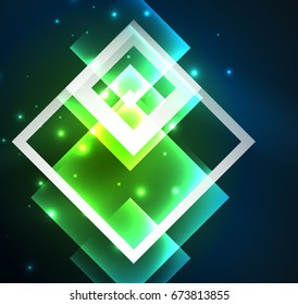 Dunkles Hintergrunddesign mit glänzenden Lichteffekten, Linien und Glasquadraten