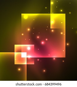 Diseño de fondo oscuro con efectos brillantes, líneas y cuadrados de vidrio