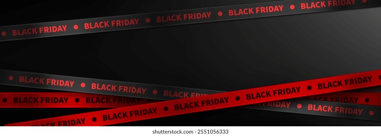 Dark background with diagonal crimson ribbons featuring Black Friday text pattern. Red and black tape with sale sign for seasonal promotion banner, retail marketing or shopping event announcement.