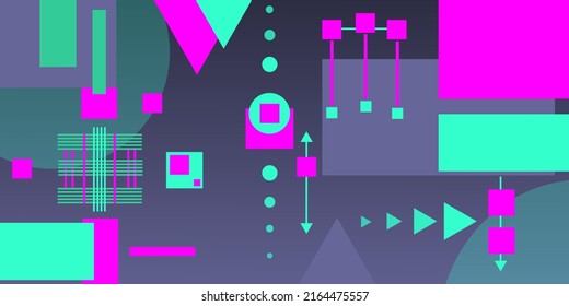 Dark background with different geometric shapes in pink and green, Vector illustration with a Memphis-style concept.