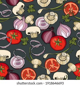 Dark background from different types of vegetables with mushrooms and spices. Hand-drawn graphics. Vegetarian menu. Vector.