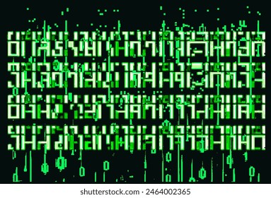 Dark background with distorted pattern of decaying pixels. Vector illustration in 8-bit glitch art style.