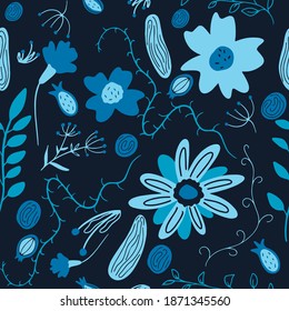 Dark background doodle floral pattern. Fabrics, covers, paper design