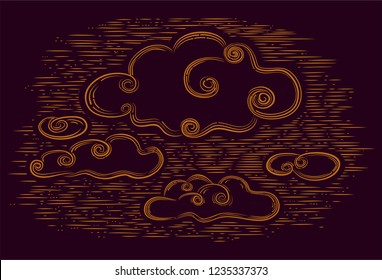 Dark background with drawing clouds. Night cloudy sky.