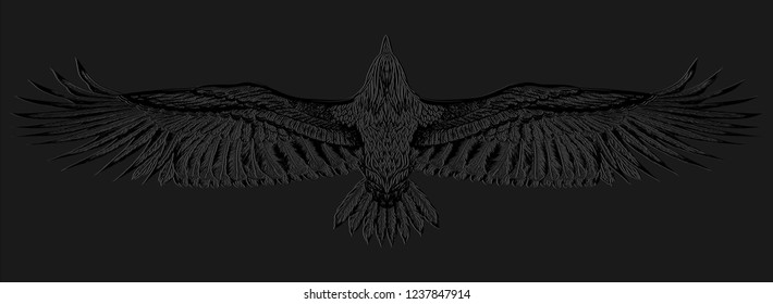Dark background with drawing nature pattern. Flying eagle.